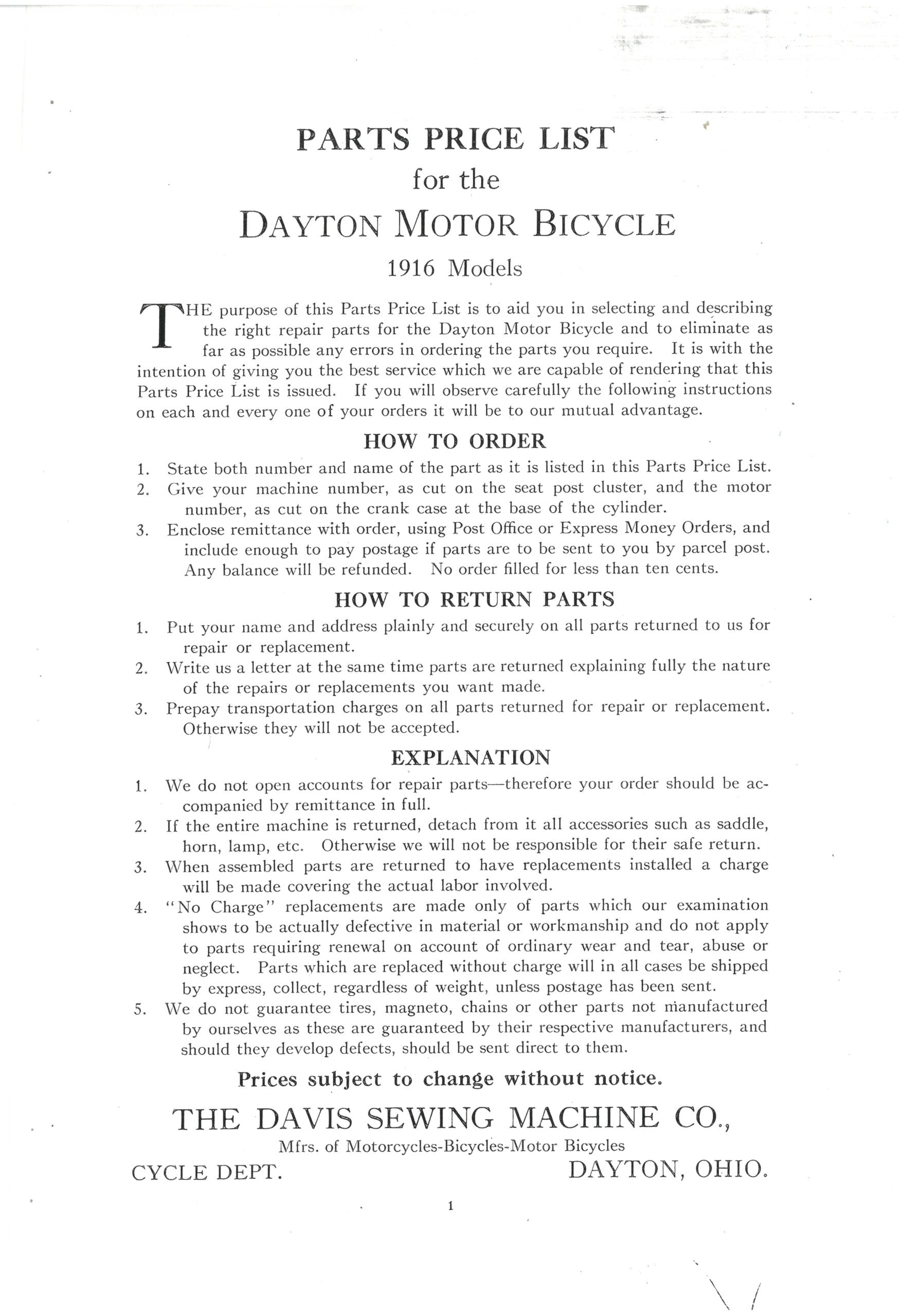 Dayton Moter Bicycles 1916 Parts Price List-1